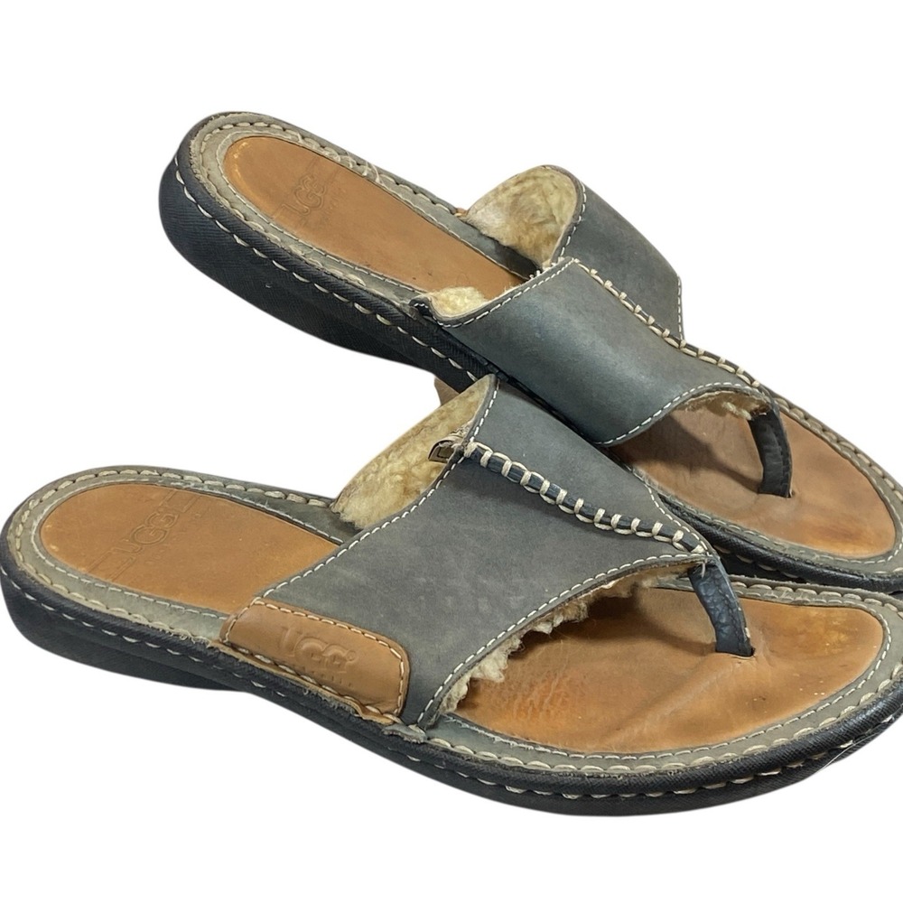 UGG Gray Leather Shearling Thong Sandals with Brown Footbed